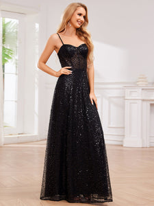 Color=Black | Exquisite Spaghetti Straps Sweetheart Neckline See-Through Sequin Evening Dresses-Black 4