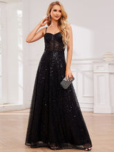 Load image into Gallery viewer, Color=Black | Exquisite Spaghetti Straps Sweetheart Neckline See-Through Sequin Evening Dresses-Black 1