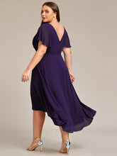 Load image into Gallery viewer, Color=Dark Purple | Wholesale Short Sleeve Ruffle V-Neck Pleated A-Line High-Low Wedding Guest Dresses-Dark Purple 2