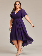 Load image into Gallery viewer, Color=Dark Purple | Wholesale Short Sleeve Ruffle V-Neck Pleated A-Line High-Low Wedding Guest Dresses-Dark Purple 4