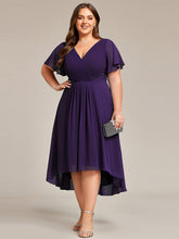 Load image into Gallery viewer, Color=Dark Purple | Wholesale Short Sleeve Ruffle V-Neck Pleated A-Line High-Low Wedding Guest Dresses-Dark Purple 5