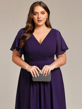 Load image into Gallery viewer, Color=Dark Purple | Wholesale Short Sleeve Ruffle V-Neck Pleated A-Line High-Low Wedding Guest Dresses-Dark Purple 3