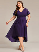 Load image into Gallery viewer, Color=Dark Purple | Wholesale Short Sleeve Ruffle V-Neck Pleated A-Line High-Low Wedding Guest Dresses-Dark Purple 1
