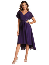Load image into Gallery viewer, Color=Dark Purple | Industrial Use Short Sleeve Ruffle V-Neck Pleated A-Line High-Low Wedding Guest Dresses 2