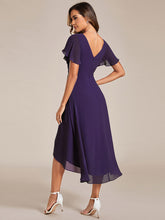 Load image into Gallery viewer, Color=Dark Purple | Industrial Use Short Sleeve Ruffle V-Neck Pleated A-Line High-Low Wedding Guest Dresses 3