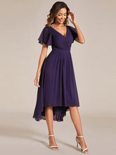 Load image into Gallery viewer, Color=Dark Purple | Industrial Use Short Sleeve Ruffle V-Neck Pleated A-Line High-Low Wedding Guest Dresses 4