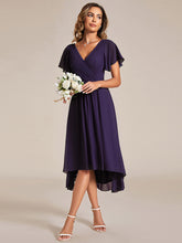 Load image into Gallery viewer, Color=Dark Purple | Industrial Use Short Sleeve Ruffle V-Neck Pleated A-Line High-Low Wedding Guest Dresses 5