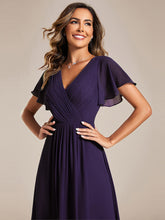 Load image into Gallery viewer, Color=Dark Purple | Industrial Use Short Sleeve Ruffle V-Neck Pleated A-Line High-Low Wedding Guest Dresses 6