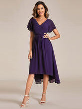 Load image into Gallery viewer, Color=Dark Purple | Industrial Use Short Sleeve Ruffle V-Neck Pleated A-Line High-Low Wedding Guest Dresses 1