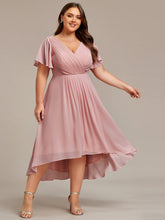Load image into Gallery viewer, Color=Dusty Rose | Wholesale Short Sleeve Ruffle V-Neck Pleated A-Line High-Low Wedding Guest Dresses-Dusty Rose 14