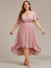 Load image into Gallery viewer, Color=Dusty Rose | Wholesale Short Sleeve Ruffle V-Neck Pleated A-Line High-Low Wedding Guest Dresses-Dusty Rose 15