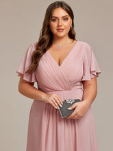 Load image into Gallery viewer, Color=Dusty Rose | Wholesale Short Sleeve Ruffle V-Neck Pleated A-Line High-Low Wedding Guest Dresses-Dusty Rose 13