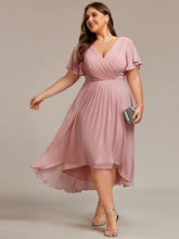 Load image into Gallery viewer, Color=Dusty Rose | Wholesale Short Sleeve Ruffle V-Neck Pleated A-Line High-Low Wedding Guest Dresses-Dusty Rose 11