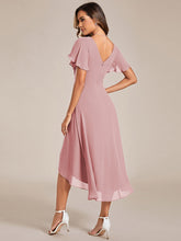 Load image into Gallery viewer, Color=Dusty Rose | Wholesale Short Sleeve Ruffle V-Neck Pleated A-Line High-Low Wedding Guest Dresses-Dusty Rose 7