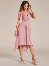 Load image into Gallery viewer, Color=Dusty Rose | Wholesale Short Sleeve Ruffle V-Neck Pleated A-Line High-Low Wedding Guest Dresses-Dusty Rose 9