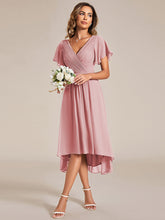 Load image into Gallery viewer, Color=Dusty Rose | Wholesale Short Sleeve Ruffle V-Neck Pleated A-Line High-Low Wedding Guest Dresses-Dusty Rose 10