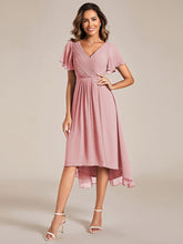 Load image into Gallery viewer, Color=Dusty Rose | Wholesale Short Sleeve Ruffle V-Neck Pleated A-Line High-Low Wedding Guest Dresses-Dusty Rose 6