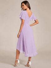 Load image into Gallery viewer, Color=Frosted Lilac | Industrial Use Short Sleeve Ruffle V-Neck Pleated A-Line High-Low Wedding Guest Dresses-Frosted Lilac 2