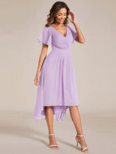 Load image into Gallery viewer, Color=Frosted Lilac | Industrial Use Short Sleeve Ruffle V-Neck Pleated A-Line High-Low Wedding Guest Dresses-Frosted Lilac 4