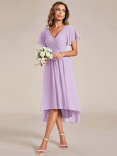Load image into Gallery viewer, Color=Frosted Lilac | Industrial Use Short Sleeve Ruffle V-Neck Pleated A-Line High-Low Wedding Guest Dresses-Frosted Lilac 5