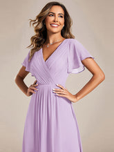 Load image into Gallery viewer, Color=Frosted Lilac | Industrial Use Short Sleeve Ruffle V-Neck Pleated A-Line High-Low Wedding Guest Dresses-Frosted Lilac 3