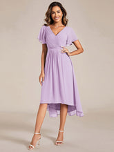 Load image into Gallery viewer, Color=Frosted Lilac | Industrial Use Short Sleeve Ruffle V-Neck Pleated A-Line High-Low Wedding Guest Dresses-Frosted Lilac 1