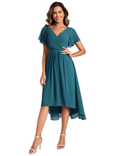 Load image into Gallery viewer, Color=Teal | Industrial Use Short Sleeve Ruffle V-Neck Pleated A-Line High-Low Wedding Guest Dresses 2