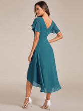 Load image into Gallery viewer, Color=Teal | B2B-Exclusive Short Sleeve Ruffle V-Neck Pleated A-Line High-Low Wedding Guest Dresses-Teal 2