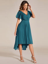 Load image into Gallery viewer, Color=Teal | B2B-Exclusive Short Sleeve Ruffle V-Neck Pleated A-Line High-Low Wedding Guest Dresses-Teal 4