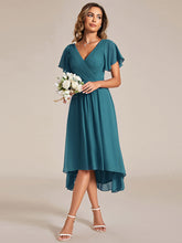 Load image into Gallery viewer, Color=Teal | B2B-Exclusive Short Sleeve Ruffle V-Neck Pleated A-Line High-Low Wedding Guest Dresses-Teal 5