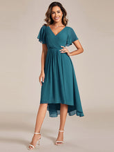 Load image into Gallery viewer, Color=Teal | B2B-Exclusive Short Sleeve Ruffle V-Neck Pleated A-Line High-Low Wedding Guest Dresses-Teal 1