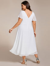 Load image into Gallery viewer, Color=White | B2B-Exclusive Short Sleeve Ruffle V-Neck Pleated A-Line High-Low Wedding Guest Dresses-White 12
