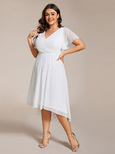 Load image into Gallery viewer, Color=White | B2B-Exclusive Short Sleeve Ruffle V-Neck Pleated A-Line High-Low Wedding Guest Dresses-White 14