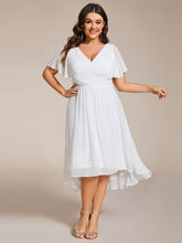 Load image into Gallery viewer, Color=White | B2B-Exclusive Short Sleeve Ruffle V-Neck Pleated A-Line High-Low Wedding Guest Dresses-White 15