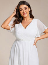 Load image into Gallery viewer, Color=White | B2B-Exclusive Short Sleeve Ruffle V-Neck Pleated A-Line High-Low Wedding Guest Dresses-White 13
