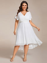 Load image into Gallery viewer, Color=White | B2B-Exclusive Short Sleeve Ruffle V-Neck Pleated A-Line High-Low Wedding Guest Dresses-White 11