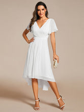 Load image into Gallery viewer, Color=White | B2B-Exclusive Short Sleeve Ruffle V-Neck Pleated A-Line High-Low Wedding Guest Dresses-White 9