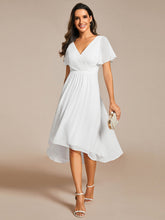 Load image into Gallery viewer, Color=White | B2B-Exclusive Short Sleeve Ruffle V-Neck Pleated A-Line High-Low Wedding Guest Dresses-White 10
