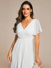 Load image into Gallery viewer, Color=White | B2B-Exclusive Short Sleeve Ruffle V-Neck Pleated A-Line High-Low Wedding Guest Dresses-White 8
