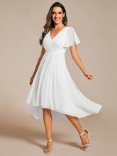 Load image into Gallery viewer, Color=White | B2B-Exclusive Short Sleeve Ruffle V-Neck Pleated A-Line High-Low Wedding Guest Dresses-White 6