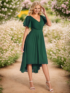 Pleated Ruffles Chiffon Wholesale Wedding Guest Dresses#Color_Dark Green