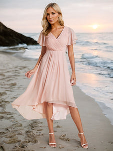 Pleated Ruffles Chiffon Wholesale Wedding Guest Dresses#Color_Pink