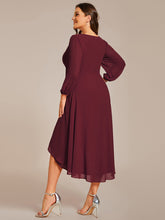 Load image into Gallery viewer, Color=Burgundy | Bulk Order Long Sleeve Asymmetrical Hem Deep V-Neck Non-Stretch Wedding Guest Dresses-Burgundy 7