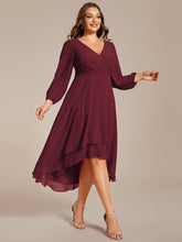 Load image into Gallery viewer, Color=Burgundy | Bulk Order Long Sleeve Asymmetrical Hem Deep V-Neck Non-Stretch Wedding Guest Dresses-Burgundy 9