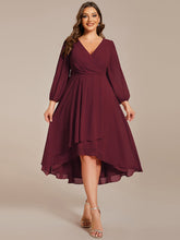 Load image into Gallery viewer, Color=Burgundy | Bulk Order Long Sleeve Asymmetrical Hem Deep V-Neck Non-Stretch Wedding Guest Dresses-Burgundy 10