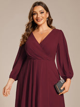 Load image into Gallery viewer, Color=Burgundy | Bulk Order Long Sleeve Asymmetrical Hem Deep V-Neck Non-Stretch Wedding Guest Dresses-Burgundy 8