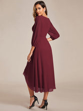 Load image into Gallery viewer, Color=Burgundy | Bulk Order Long Sleeve Asymmetrical Hem Deep V-Neck Non-Stretch Wedding Guest Dresses-Burgundy 2