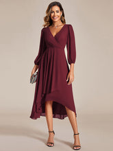 Load image into Gallery viewer, Color=Burgundy | Bulk Order Long Sleeve Asymmetrical Hem Deep V-Neck Non-Stretch Wedding Guest Dresses-Burgundy 5