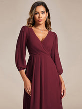Load image into Gallery viewer, Color=Burgundy | Bulk Order Long Sleeve Asymmetrical Hem Deep V-Neck Non-Stretch Wedding Guest Dresses-Burgundy 3