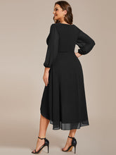 Load image into Gallery viewer, Color=Black | Bulk Order Long Sleeve Asymmetrical Hem Deep V-Neck Non-Stretch Wedding Guest Dresses-Black 17